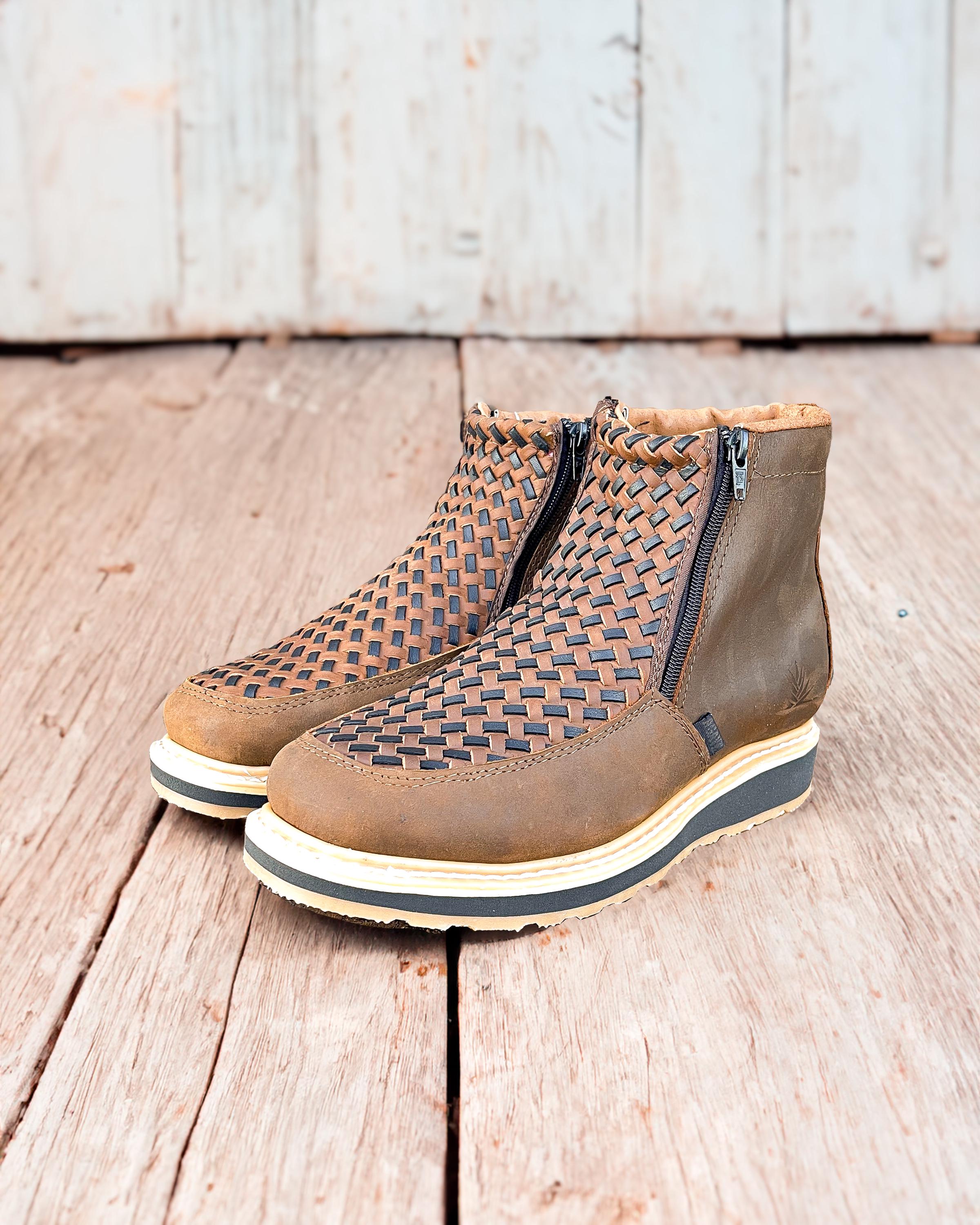 Men’s Western Cowboy Boots – Square Toe, Woven Shaft, Double Side Zipper, Rubber Outsole