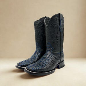 May include: A pair of black leather cowboy boots with intricate stitching and blue accents. The boots feature a square toe design and a textured pattern on the foot and lower leg. The shaft of the boots has decorative stitching.