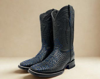 Handcrafted Men's Blue Python Cowboy Boots/ Square Toe Cowboy Boots Snake/ Men's Exotic boots/ Botas vaqueras exoticas/ Men's  cowboy boots