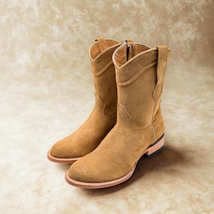 Handcrafted Men's Light Brown Rough out Round Toe Cowboy Boots/ Round Toe Cowboy Boots / Zipper boots/ Botas vaqueras / cowboy boots