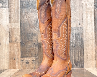 Handmade Western Tall Cowboy Boots Knee High / Tall Brown cowboy boots/ cowgirl boots / Botas vaqueras altas/ Western Knee-High boots