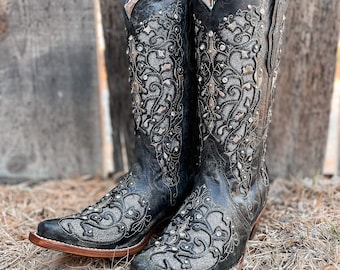 Western Cowboy Boots / Black cowboy boots/ cowgirl boots/ wedding cowboy boots/ stagecoach boots/ Rhinestone Glitter boots/ handmade boots