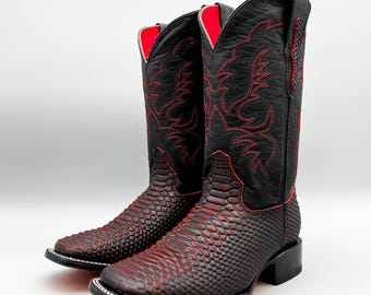 Handcrafted Men's Python Cowboy Boots/ Square Toe Cowboy Boots Snake/ Men's Exotic boots/ Botas vaqueras exoticas/ Men's  cowboy boots black