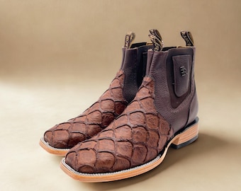 Handcrafted Men's Cowboy Pirarucu fish Bass Ankle Boots/ Chelsea Boots Square toe/ Square Toe Half Boots Botines Vaqueros Charro pescado
