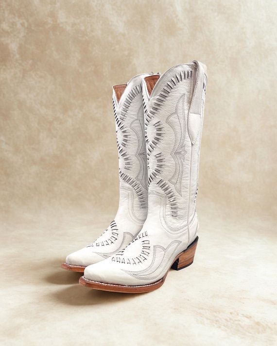 White Leather Boots with Intricate Stitching and Tall Shaft Wedding Boots with Ultimate Flex Insole by Dan Post main image 4