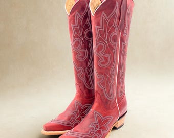 Handmade Western Red Tall Cowboy Boots Knee High / Tall red cowboy boots/ cowgirl boots / Botas vaqueras altas/ Western Knee-High boots roja