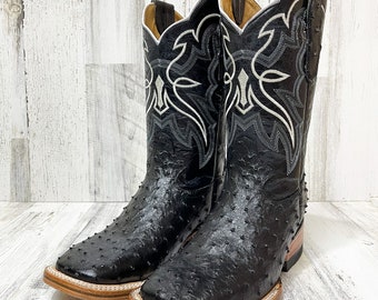 Handcrafted Men's Ostrich Cowboy Boots/ Square Toe Cowboy Boots / Men's Exotic boots/ Botas vaqueras exoticas avestruz/ Men's black boots