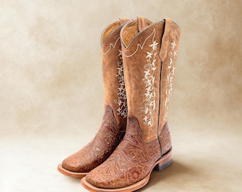 Handmade Leather Floral Tooled Embroidered Boot Mexican Artisanal Women's Boots/ Western Boots/Cowgirl Authentic Boot / Women's Mexican Boot