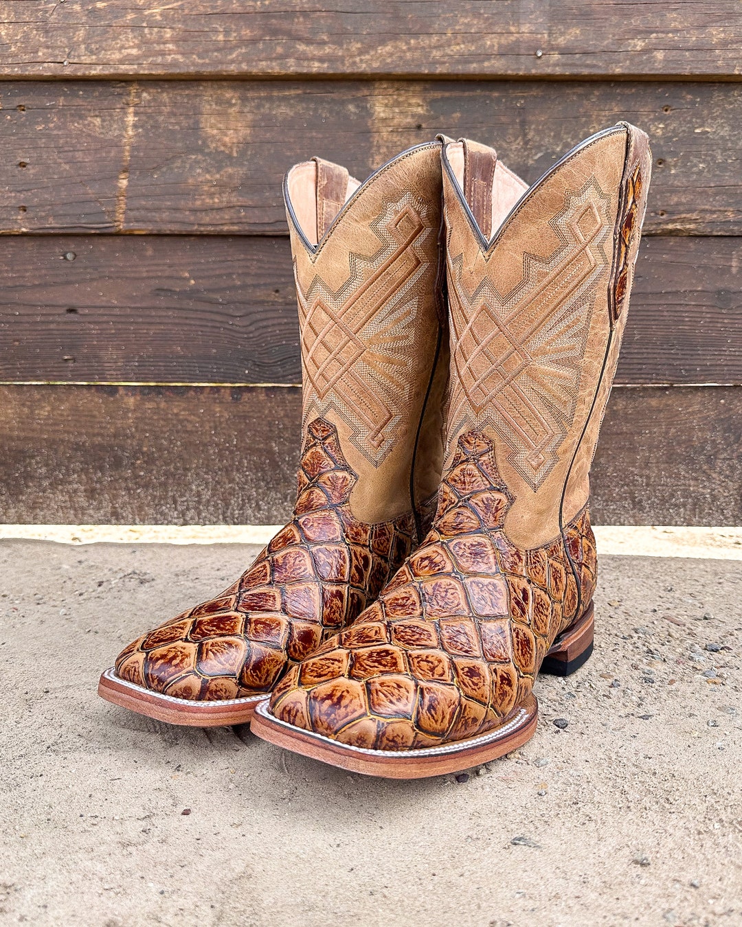 Handcrafted Men's Bass Cowboy Boots/ Square Toe Cowboy Boots Pirarucu