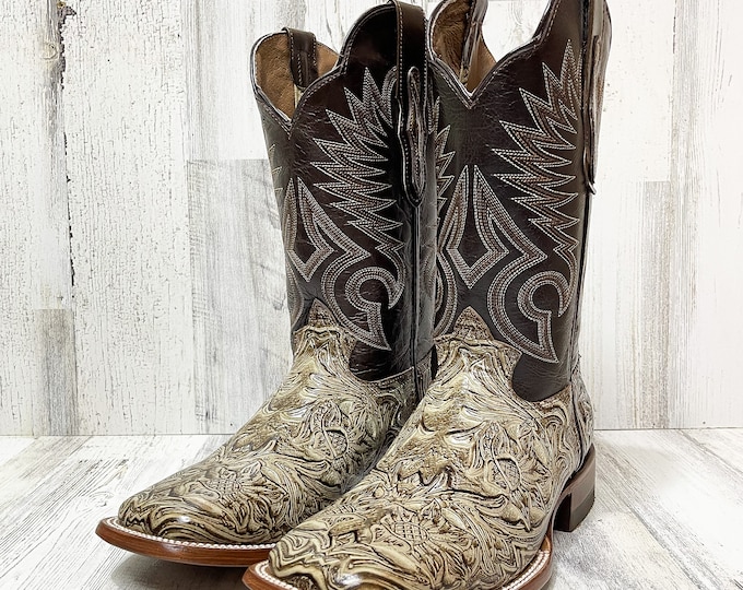 Handcrafted Men's Tooled Cowboy Boots/ Square Toe Cowboy Boots tooled / Men's Exotic boots/ Botas vaqueras cinceladas/ Men's  cowboy boots