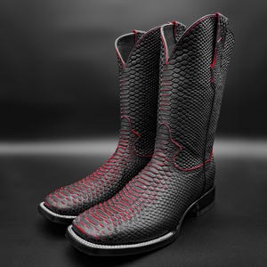 May include: A pair of black cowboy boots with red stitching and a snakeskin pattern.