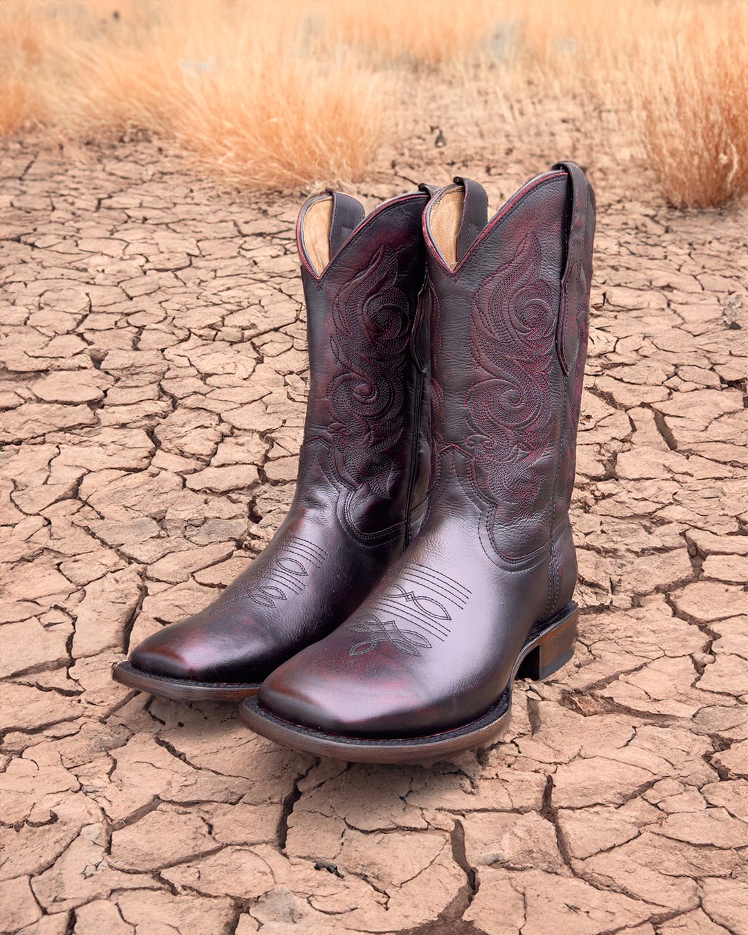 Handcrafted Men's Black Cherry Cowboy Boots/ Square Toe Cowboy Boots