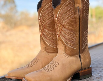 Men's Genuine Leather Square Toe Western Boots / Cowboy Rodeo BROWN Western Boots/ Handcrafted Men's Cowboy Boots/ Botas vaqueras cafe