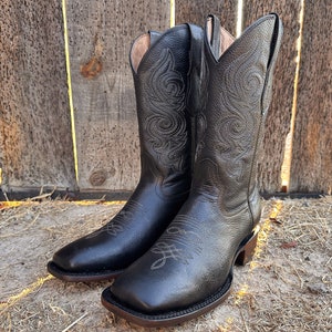 Men&#39;s Genuine Leather Square Toe Western Boots / Cowboy Rodeo Black Western Boots/ Handcrafted Men&#39;s Cowboy Boots/ Botas vaqueras negras