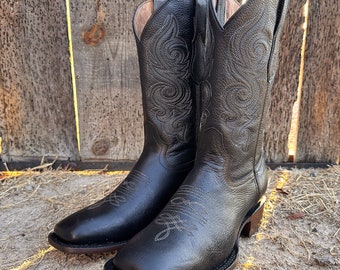 Men's Genuine Leather Square Toe Western Boots / Cowboy Rodeo Black Western Boots/ Handcrafted Men's Cowboy Boots/ Botas vaqueras negras