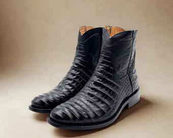 Handcrafted Men's Caiman Cowboy Ankle Boots/ Square Toe Cowboy Boots Alligator/ Men's Exotic boots/ Botas vaqueras Chelsea cowboy boot Round