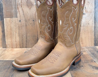 Men's Genuine Leather Square Toe Western Boots / Cowboy Rodeo Brown Western Boots/ Handcrafted Men's Cowboy Boots/ Botas vaqueras cafe