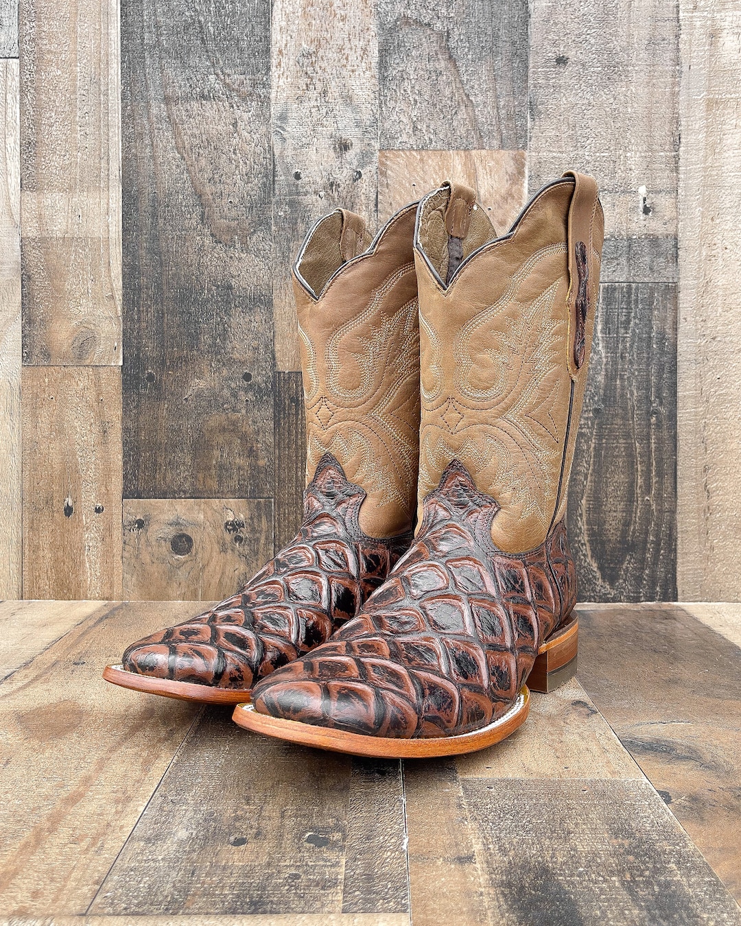 Handcrafted Men's Bass Pirarucu Cowboy Boots/ Square Toe Cowboy Boots
