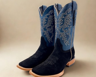 Handcrafted Men's Roughout Cowboy Boots/ Square Toe Cowboy Boots Snake/ Men's Exotic boots/ Botas vaqueras/ Men's  cowboy boots black