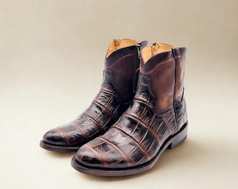 Handcrafted Men's Cowboy Caiman fish Bass Ankle Boots/ Chelsea Boots Square toe/ Square Toe Half Boots Botines Vaqueros Charro Alligator