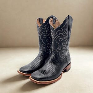Handcrafted Men's Lizard Cowboy Boots/ Square Toe Cowboy Boots Lizard/ Men's Exotic boots/ Botas vaqueras exoticas/ Men's Black cowboy boots