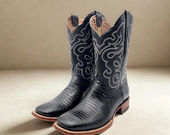 Handcrafted Men's Lizard Cowboy Boots/ Square Toe Cowboy Boots Lizard/ Men's Exotic boots/ Botas vaqueras exoticas/ Men's Black cowboy boots