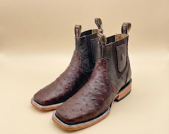 Handcrafted Men's Ostrich Cowboy Ankle Boots/ Square Toe Cowboy Boots Ostrich/ Men's Exotic boots/ Botas vaqueras Chelsea cowboy boot