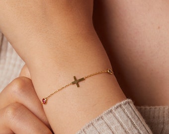 Sterling Silver Cross with Tiny Birthstone Bracelet, Minimalist Birthstone Bracelet, Family Birthstone Bracelet, Personalized Cross Bracelet