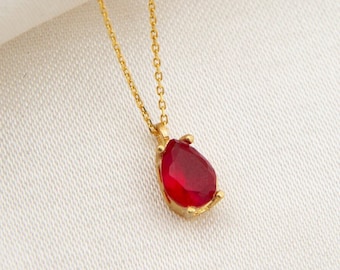 Sterling Silver January Birthstone Necklace, Garnet Teardrop Necklace, 14k Gold Plated Garnet Necklace, Birthday Gifts, Gifts for Her