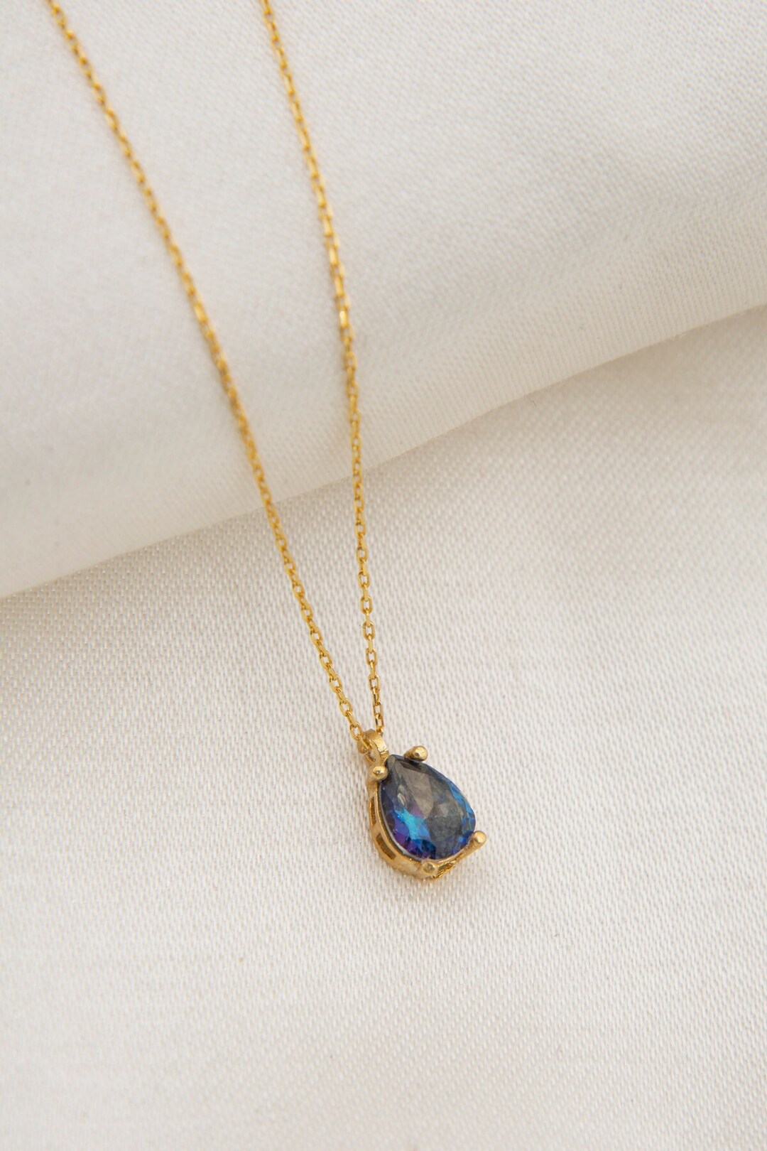 Sapphire Teardrop Necklace, Sapphire Pendant, September Birthstone