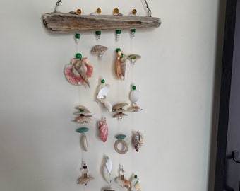Driftwood windchime with green and amber #221