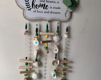 Driftwood windchime with green and amber #221