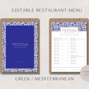 Plantilla editable de menú de restaurante griego, menú de comida mediterránea, menú de taberna, menú de restaurante imprimible, diseño de menú en Canva