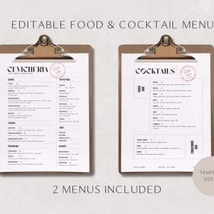 May include: Editable food and cocktail menu template in A4 size. Two white clipboards with black text and red stamps. The left clipboard has the heading "Cimchicheria" and the right clipboard has the heading "Cocktails".