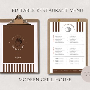 May include: Editable restaurant menu template with a brown and white striped design. The menu features the text "The Oak Room" and an illustration of an acorn. The text "Modern Grill House" is also included.