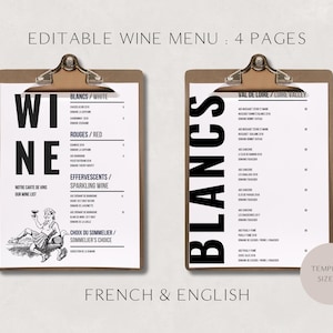 Editable Wine Menu Template – Modern Wine List for Restaurant or Bar – Printable Drinks Menu – Canva Wine Menu Design – French and English