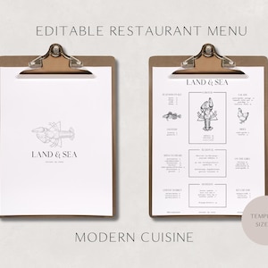 Editable Modern Restaurant Menu Template – Minimalist Food Menu, French Cuisine Menu, Printable Gastronomic or Seafood Menu