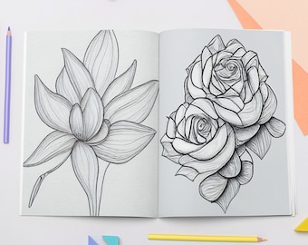 Coloriages roses et lys, Fleurs, Coloriages imprimables, Livre à colorier, Coloriages à téléchargement numérique, Coloriages adultes