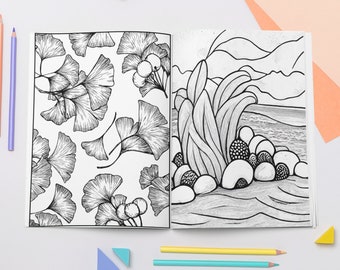 Plage, Fleurs de jardin botanique, Coloriages de forêt de champignons, Art, Numérique, Imprimable, Livre à colorier, Coquillages, Arbres, Fleurs