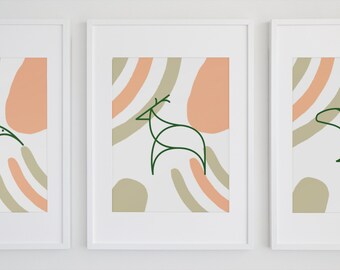 3pc Animal line Art, Art imprimable, Dessin au trait, Art mural imprimable, Cerf, Oiseau, Grenouille, ensemble d'art de trois pièces, art moderne, impression moderne