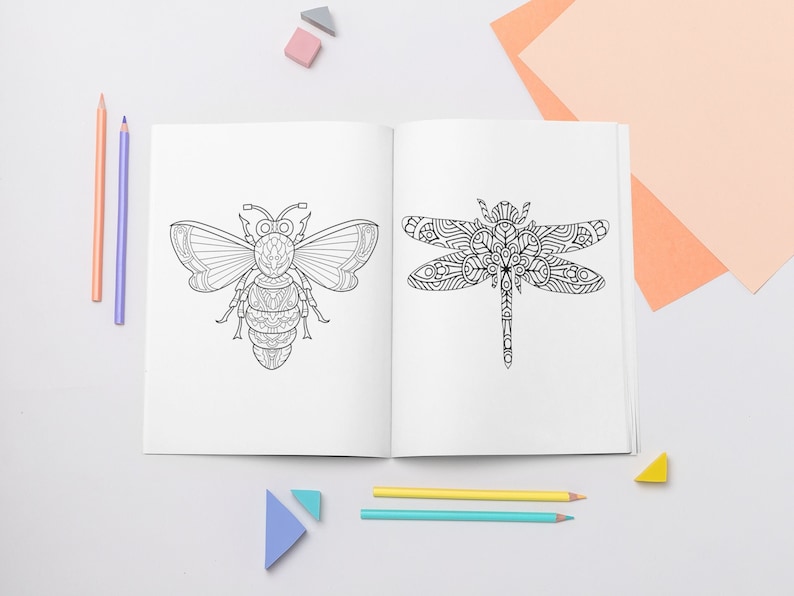 Peut inclure: Livre de coloriage ouvert avec des illustrations d&eacute;taill&eacute;es en noir et blanc d'une abeille et d'une libellule. L'abeille pr&eacute;sente des motifs complexes sur les ailes et le corps. La libellule a &eacute;galement des motifs d&eacute;taill&eacute;s. Des crayons de couleur et des formes g&eacute;om&eacute;triques sont &eacute;parpill&eacute;s.