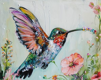 Whimsical Hummingbird Print , Whimsical Bird Art, Contemporary Bird Art, hummingbird Painting, Folk Art, hummingbird Decor, floral art