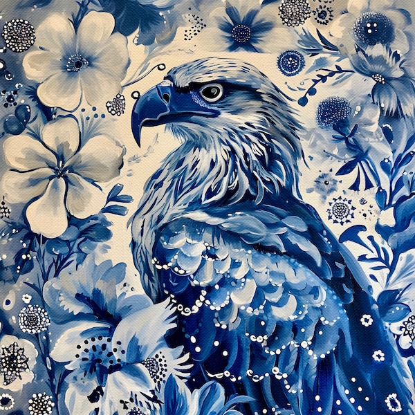 Eagle Print Chinoiserie Blue, delft blue bird artwork, dutch blue sparrow bird art, blue and white, whimsical bird art, bird Folk Art