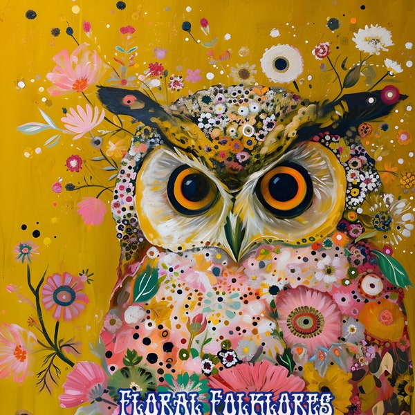 Boho Botanical Floral Owl Print, Whimsical owl Art, Contemporary owl, owl Painting, Folk Art, owl decor, boho Owl, abstract owl art