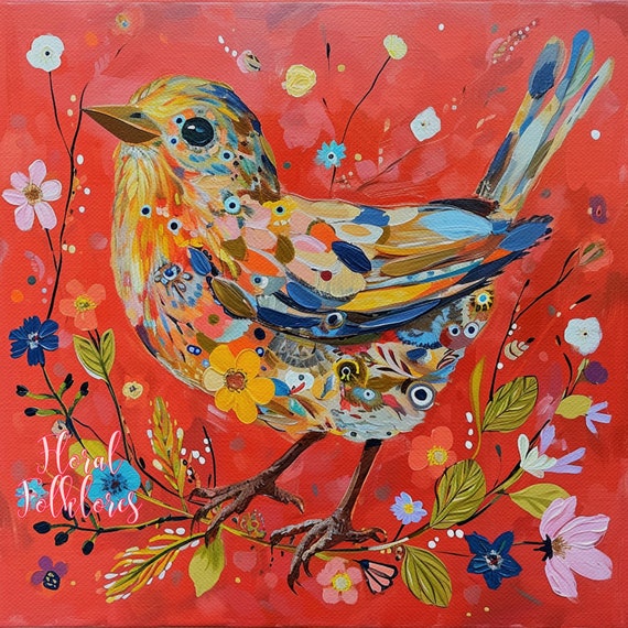 Whimsical Red Bird Print , Whimsical Bird Art, Contemporary Bird Art, sparrow Painting, Folk Art, Sparrow Decor, floral art