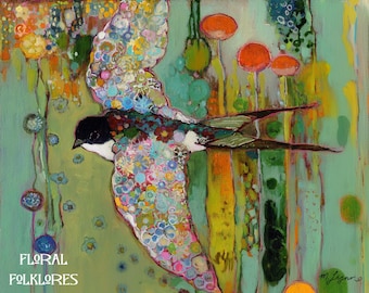 Whimsical abstract Floral Swallow Print, Bird Art, Contemporary Art, Painting, Folk, Home Decor, Cottagecore wall art