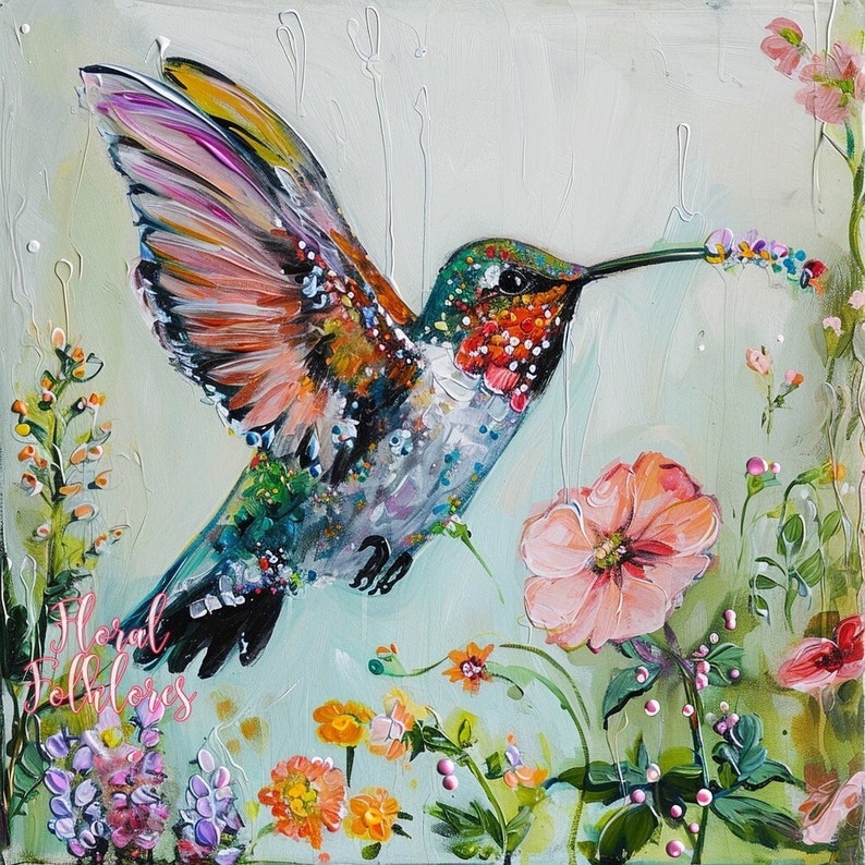 May include: A colorful painting of a hummingbird with a long beak and iridescent feathers. The hummingbird is surrounded by flowers in shades of pink, white, and yellow. The background is a light blue.
