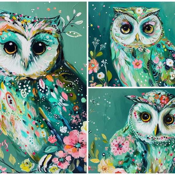 Whimsical Green Floral Owls 3 Set, Whimsical Bird Art, Contemporary Bird Art, Owl Painting, Folk Art, Abstract Owl, Room Set, floral art