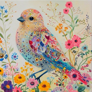 Caprichoso estampado de aves de color pastel, arte caprichoso de aves, arte contemporáneo de aves, pintura de gorriones, arte popular, decoración de gorriones, arte floral