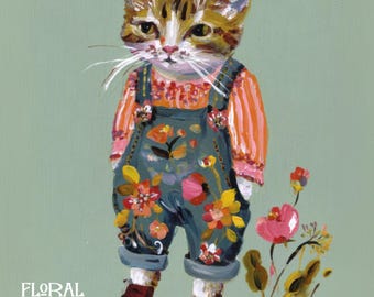 May include: An illustration of a cat wearing floral overalls and an orange striped shirt. The cat has brown and white fur and is standing in front of a light green background. The words "FLORAL FOLKLORES" are at the bottom left.
